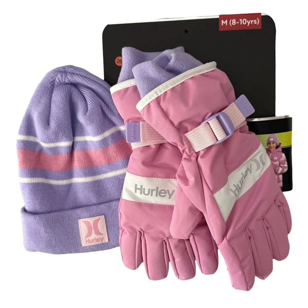 Hurley Youth Beanie & Ski Gloves 2-pc Winter Set Pink M 8-10 NWT